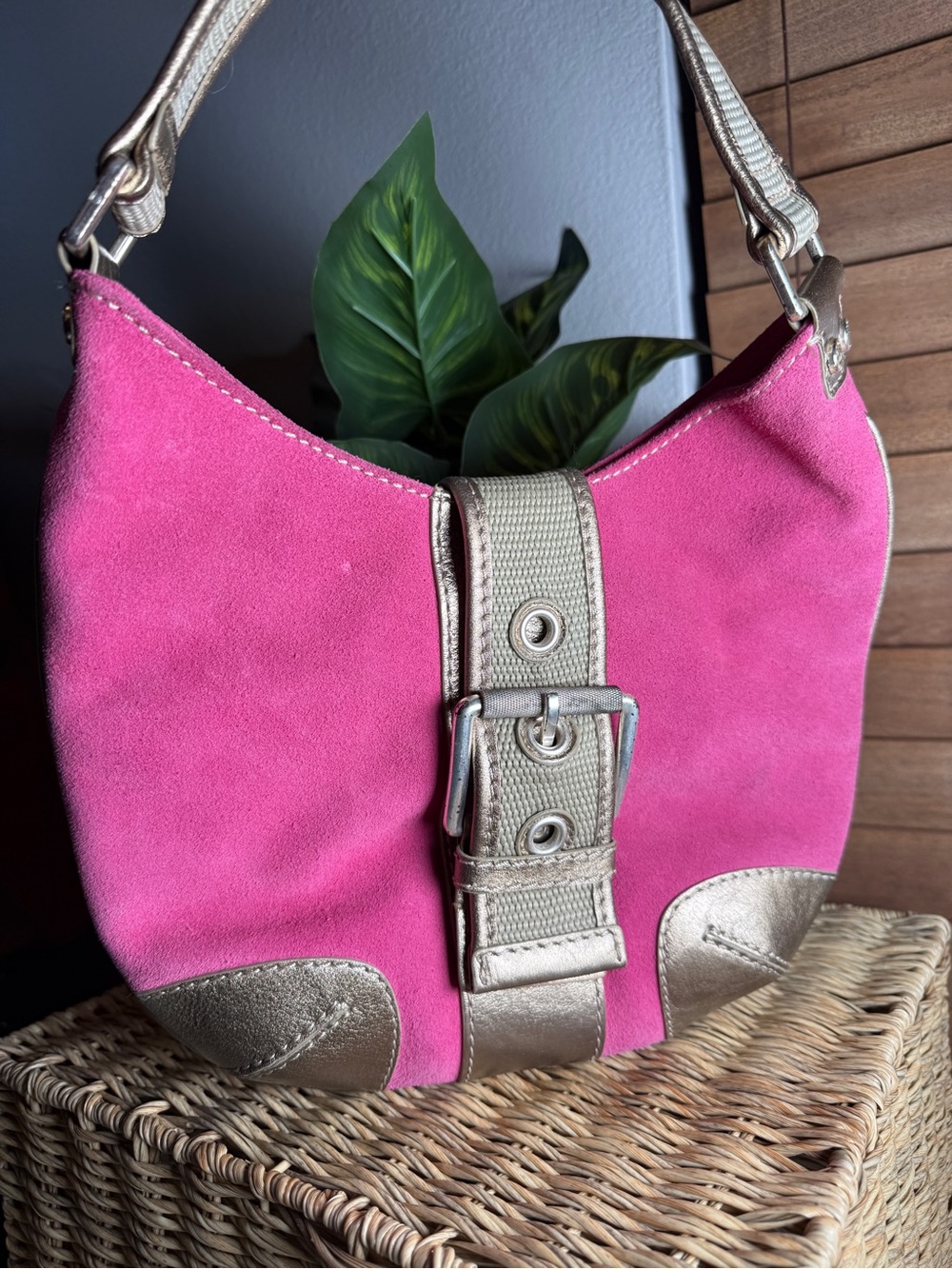 Michael Kors Pink Suede Shoulder Bag with Metallic Gold Trim